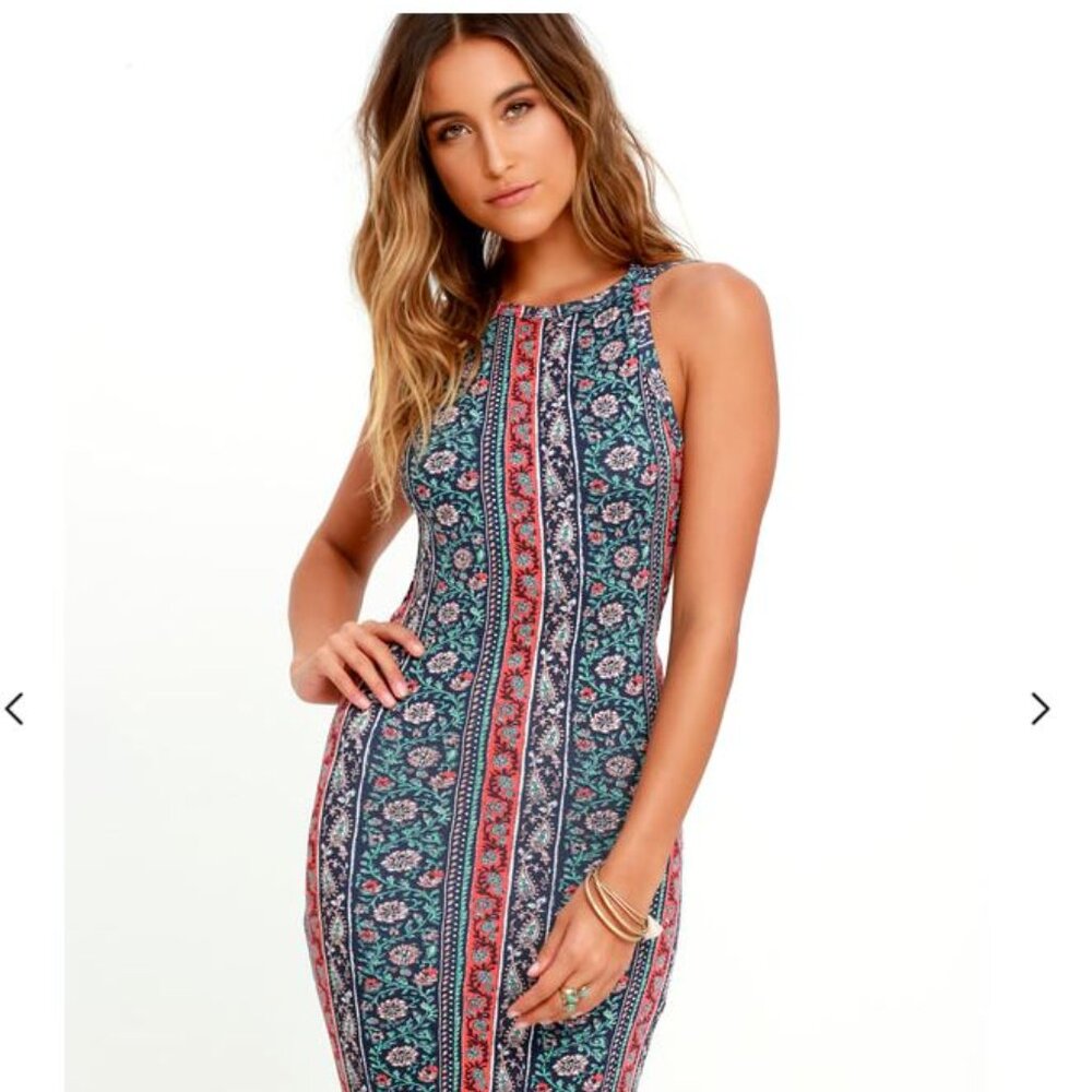 Kiss the Sky Navy Blue Print Midi Dress